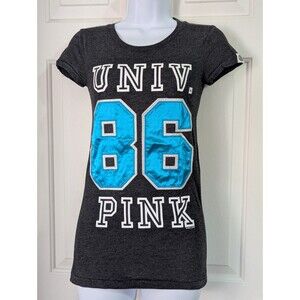 Victorias Secret University Of PINK 86 Tshirt XS Slim Grey Aqua Cotton Satin Y2K